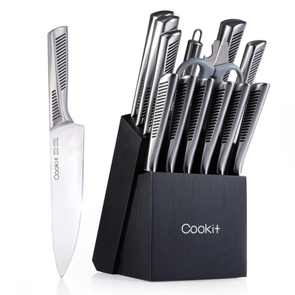 Kitchen Knife Set, 15 Piece Knife Sets with Block, Chef Knives with Non-Slip German Stainless Steel Hollow Handle Cutlery Set with Multifunctional Scissors Knife Sharpener Amazon Platform Banned