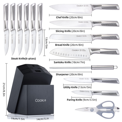 Kitchen Knife Set, 15 Piece Knife Sets with Block, Chef Knives with Non-Slip German Stainless Steel Hollow Handle Cutlery Set with Multifunctional Scissors Knife Sharpener Amazon Platform Banned