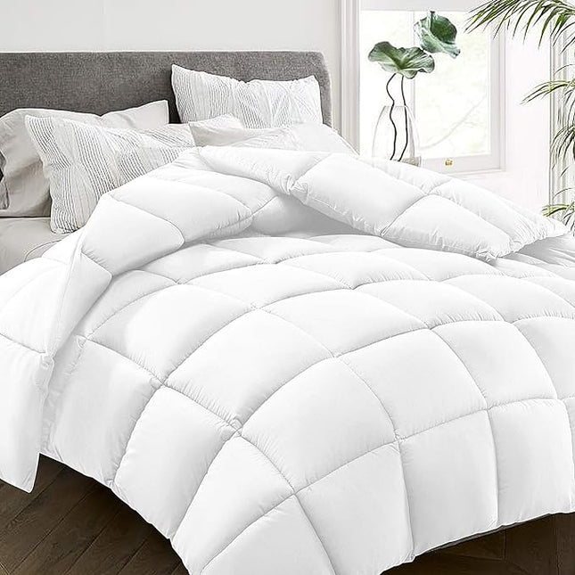 HYLEORY All Season Queen Size Bed Comforter - Cooling Goose Down Alternative Quilted Duvet Insert with Corner Tabs - Winter Warm - Machine Washable - White