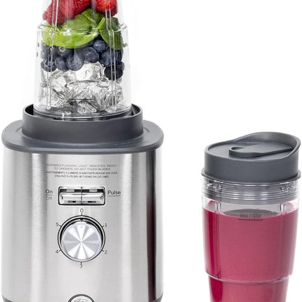 GE 5-Speed Blender + (2) 16 Ounce Blender Cups | Kitchen Essentials Blender for Shakes, Smoothies & More | Large 64 oz Tritan Jar, 8-10 Servings | Stainless Steel Blades & Exterior Finish | 1000 Watts