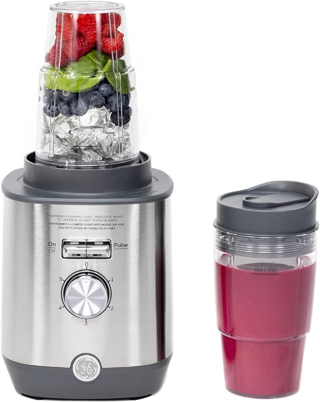 GE 5-Speed Blender + (2) 16 Ounce Blender Cups | Kitchen Essentials Blender for Shakes, Smoothies & More | Large 64 oz Tritan Jar, 8-10 Servings | Stainless Steel Blades & Exterior Finish | 1000 Watts