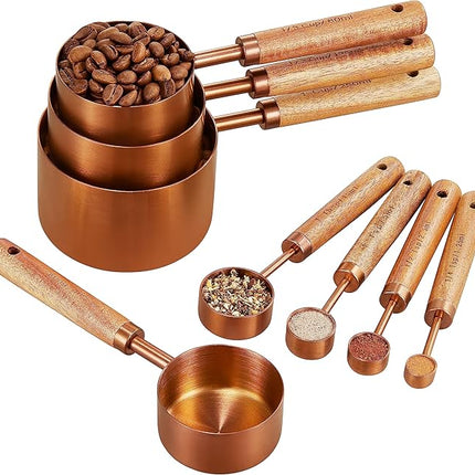 Copper Stainless Steel Measuring Cups and Spoons Set of 8, Wooden Handle with US Measurements, Metric Cups and Spoons for cooking and baking