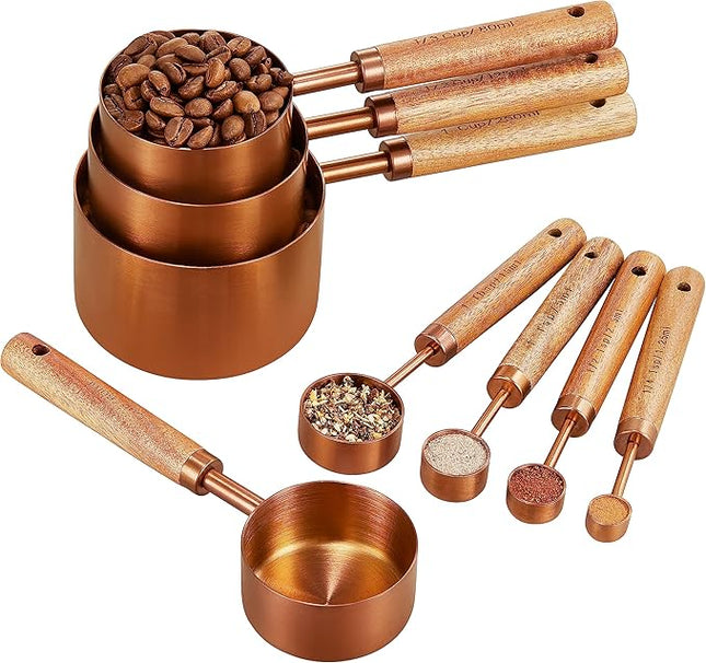 Copper Stainless Steel Measuring Cups and Spoons Set of 8, Wooden Handle with US Measurements, Metric Cups and Spoons for cooking and baking