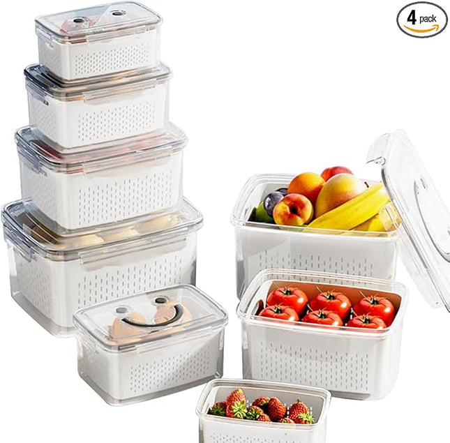 Airtight Kitchen Fruit Storage Box with Handle and Removable Colanders, Pack of 4, Capacity 0.8L,1.5L,3L and 4.5L, Fruit and Vegetable Storage Container for Camping, TAFS002