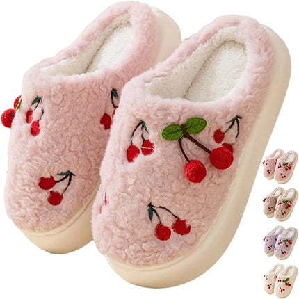 Cherry Slippers Women's Cute Fruit Soft Fleece Slipper - Winter Warm Plush Slip On House Shoes - Non Slip Cozy Home Bedroom Slippers