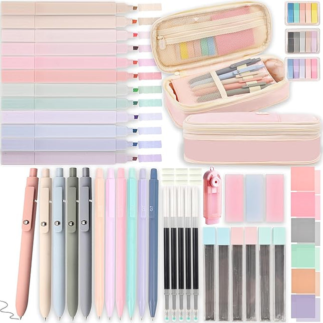 Aesthetic School Supplies with Pencil Pouch - 57 Pcs Cute College Essentials Set, Big Capacity Pen Case, Eraser Holder, Pastel Highlighters, Bible Study Journaling Stationary Kit for Girls Teens