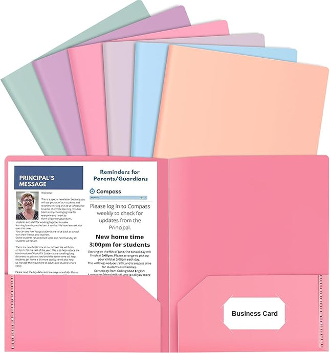 HABGP 6 Pack Colored File Folders with Pockets and Business Card Holder, Pastel Decorative Pocket Folders for Documents, Cute Plastic Folders for Filing Cabinet, School, Office, Resume Portfolio