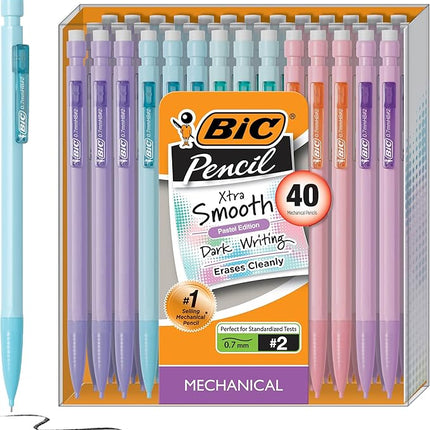 BIC Xtra-Smooth Pastel Mechanical Pencils with Erasers, Medium Point (0.7mm), 40-Count Pack, Bulk Mechanical Pencils for School or Office Supplies