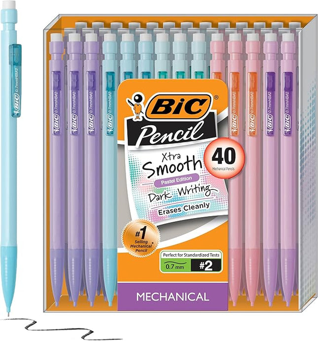 BIC Xtra-Smooth Pastel Mechanical Pencils with Erasers, Medium Point (0.7mm), 40-Count Pack, Bulk Mechanical Pencils for School or Office Supplies