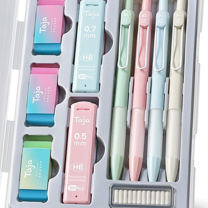 Cute Mechanical Pencil Set, 4 Pcs Pastel Mechanical Pencils 0.7 & 0.5mm with 4 Tube Leads Refills, 3 Erases & 1 Box Eraser Refills, Aesthetic pencils for Girl Boy, Back to School Supplies-Pastel