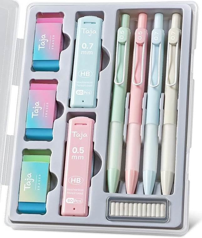 Cute Mechanical Pencil Set, 4 Pcs Pastel Mechanical Pencils 0.7 & 0.5mm with 4 Tube Leads Refills, 3 Erases & 1 Box Eraser Refills, Aesthetic pencils for Girl Boy, Back to School Supplies-Pastel