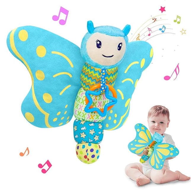 Baby Toys 0-6 Months,Infant Musical Sensory Stuffed Animal with Squeaker,Rattle,Crinkle Wings,Teether & Hanging Ring,Tummy Time Toy for Newborn 0-3-6-12 Months Boys & Girls Gift,Butterfly,Blue