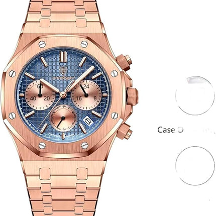 Luxury Rose Gold Chronograph Wristwatch with Blue Dial, Gift for Men, Waterproof Non Breaking face