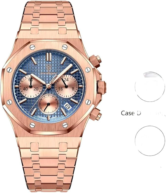 Luxury Rose Gold Chronograph Wristwatch with Blue Dial, Gift for Men, Waterproof Non Breaking face